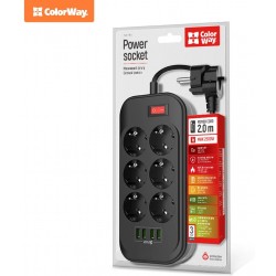 Мережевий фільтр ColorWay 2 м 6 x євророзетки, 4 x USB розетка, Black (CW-CHE64B)