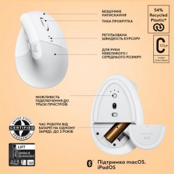 Мышь Logitech Lift for Mac Vertical Ergonomic White USB Wireless (910-006477)