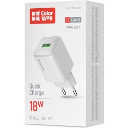 Зарядний пристрій ColorWay White, 18 Вт, 1xUSB (QC3.0) (CW-CHS063Q-WT)